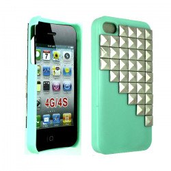 iPhone 4 4S 3D Pyramid Studs Case (Silver - Green)